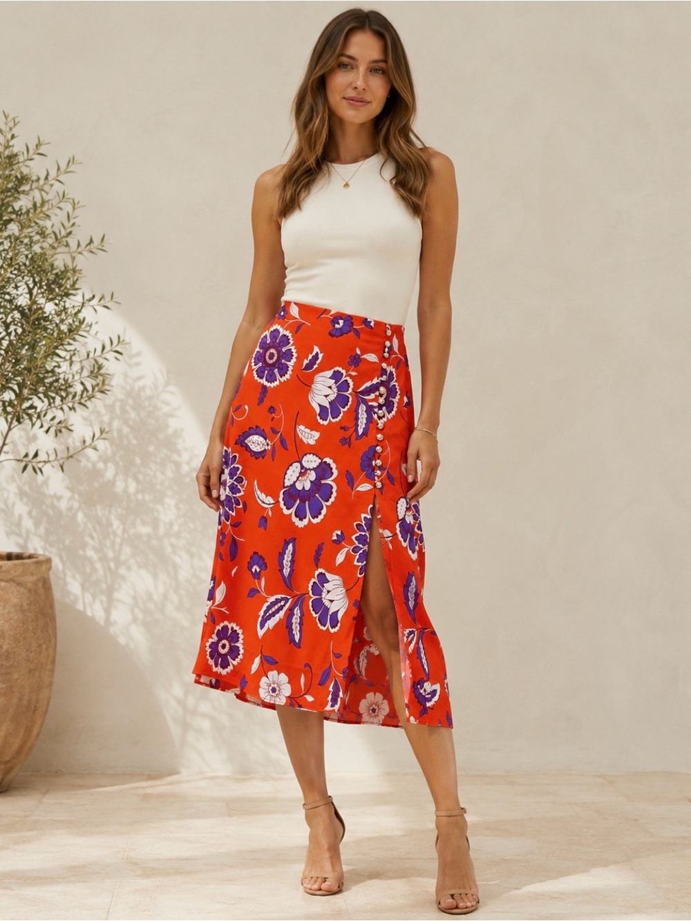 Ann Taylor Orange Floral Midi Skirt with Purple Accents